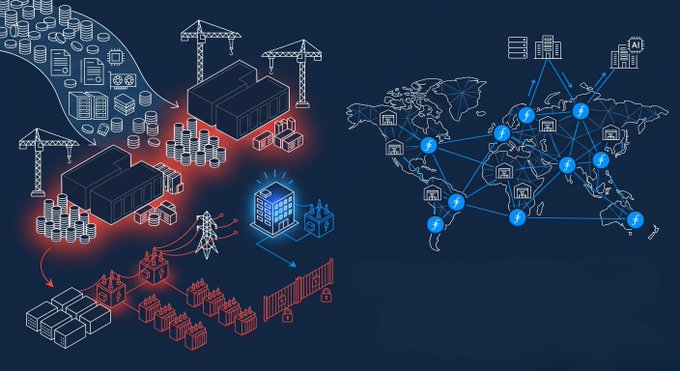 The image depicts data infrastructure transitioning into a decentralized global network, with illustrations of server stacks, power grids, and data centers on the left connecting through a central hub to a world map marked with interconnected nodes on the right.

This visual reinforces the post's message about surging data center investment—reaching $1 trillion by 2027—and highlights Filecoin's decentralized storage network as an already-operating alternative that bypasses traditional infrastructure constraints, emphasizing grid access as the new competitive advantage rather than capital.