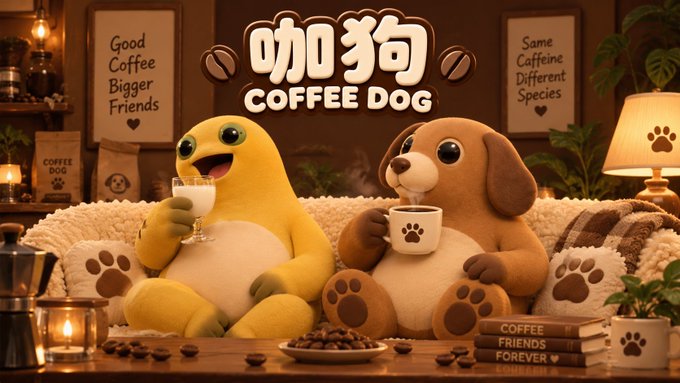 A cozy coffee shop scene features two plush characters side-by-side: a yellow frog sipping a glass of milk and a brown dog enjoying a steaming cup of coffee, with the central logo reading "咖狗 COFFEE DOG" flanked by coffee bean graphics. Surrounding text on the walls and books includes "Good Coffee Bigger Friends," "Same Caffeine Different Species," "COFFEE DOG," and "COFFEE FRIENDS FOREVER," reinforcing the branding for the $KAGOU token. The warm lighting, scattered coffee beans, paw-print mug, and French press playfully illustrate the post's concept of a frog and dog duo united by their shared love of coffee.