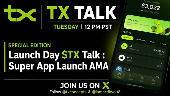 The image features a cell phone with an app displayed, which appears to be related to the $TX Talk event. The text on the phone reads "Launch Day $TX Talk Super App AMA" and there are two other texts present as well. The main focus of the image is the cell phone displaying the app's information.