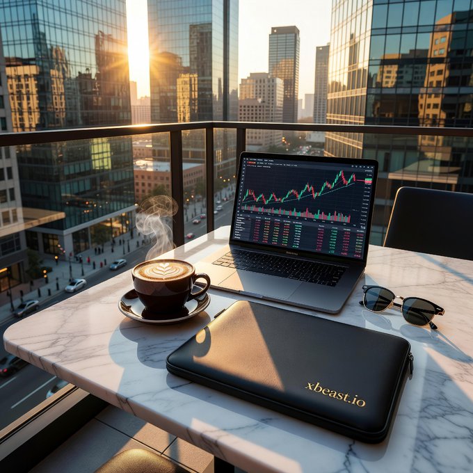 A laptop displaying a stock chart, a cappuccino, sunglasses, and a black laptop sleeve labeled "xbeast.io" sit on a marble table with a city skyline at sunset in the background.