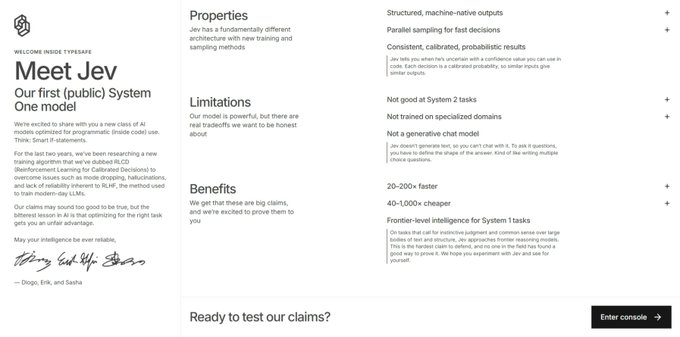 An inside page for 'Meet Jev,' described as the first (public) System One model, with sections on Properties, Limitations, Benefits, and a button to 'Enter console.'