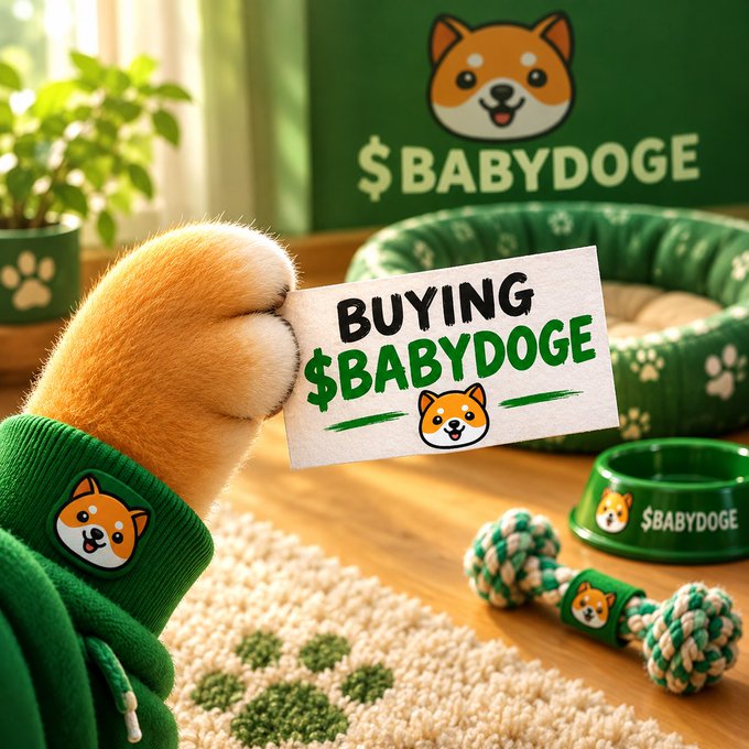 A cute Shiba Inu dog wearing a green hoodie holds a sign reading "BUYING $BABYDOGE," with matching dog-themed pet accessories (bed, bowl, toy, rug) and a green "$BABYDOGE" banner in the background, playfully reinforcing the meme coin's branding in support of the post's message.