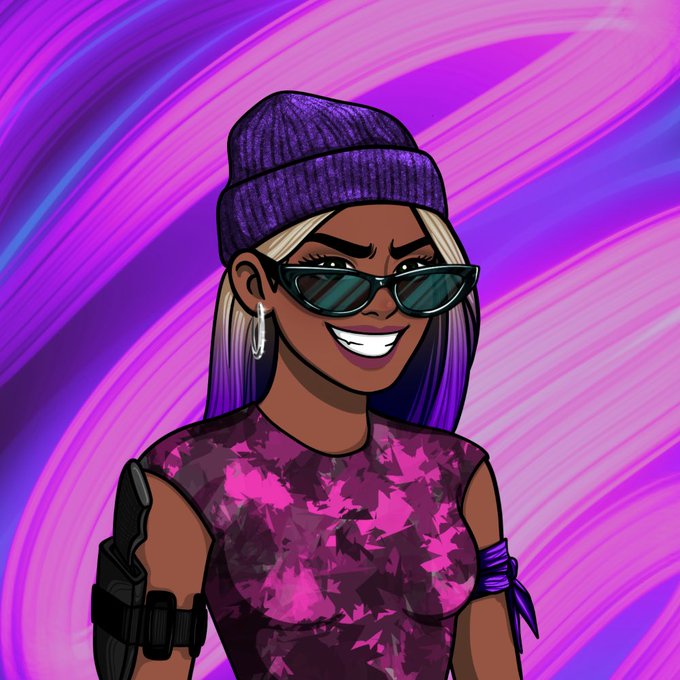 Stylized cartoon illustration of a smiling woman wearing a purple beanie, dark sunglasses, hoop earrings, and a purple tie-dye top, set against a swirling pink and purple background.