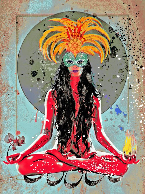 Vibrant, colorful painting of a seated woman with long black hair wearing a feathered headdress and green masquerade mask, holding a flower and flame against a moon-like backdrop.