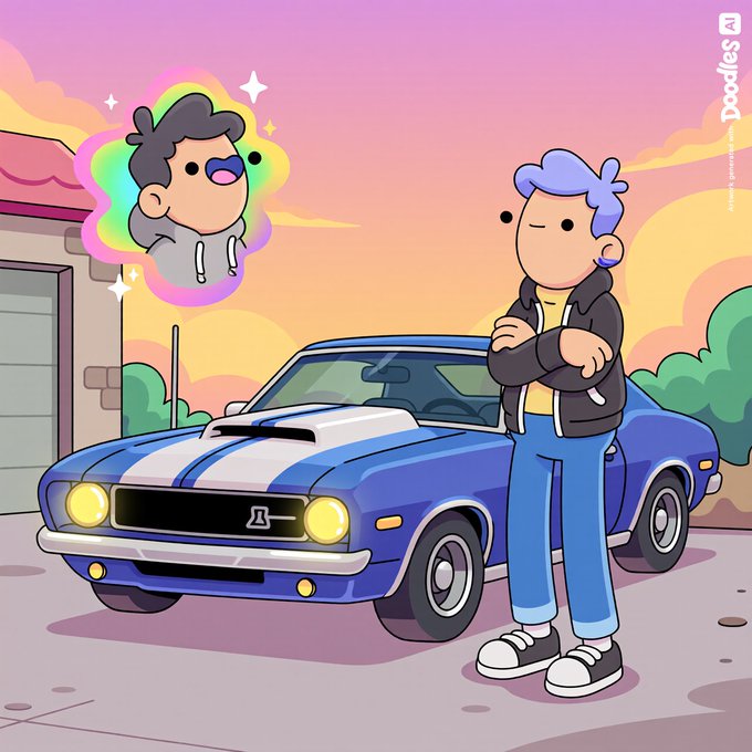 A cartoon illustration of a purple-haired character standing beside a blue muscle car with white racing stripes, with a thought bubble showing another character wearing sunglasses.