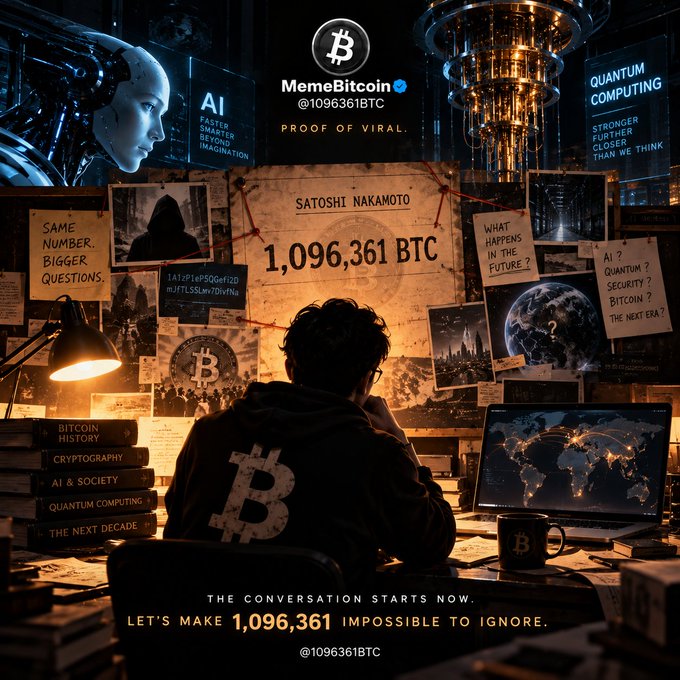 A detective studies a conspiracy board centered on the mysterious 1,096,361 BTC attributed to Satoshi Nakamoto, surrounded by clues linking "Bitcoin History," "Cryptography," "AI & Society," and "Quantum Computing," echoing the post's theme of Bitcoin's biggest unanswered question amid rapid AI and quantum advances.