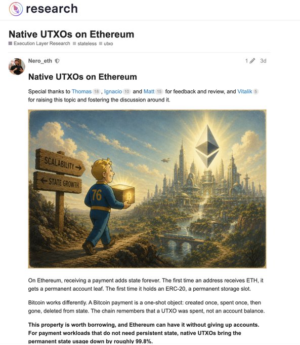 A research forum post titled "Native UTXOs on Ethereum" by Nero_eth discusses Ethereum's adoption of Bitcoin-style UTXO payments to eliminate permanent state bloat, with an illustration showing a Vault Boy-like character carrying a glowing box toward an Ethereum-themed cityscape along a path pointing toward "Scalability" and "State Growth" signposts.