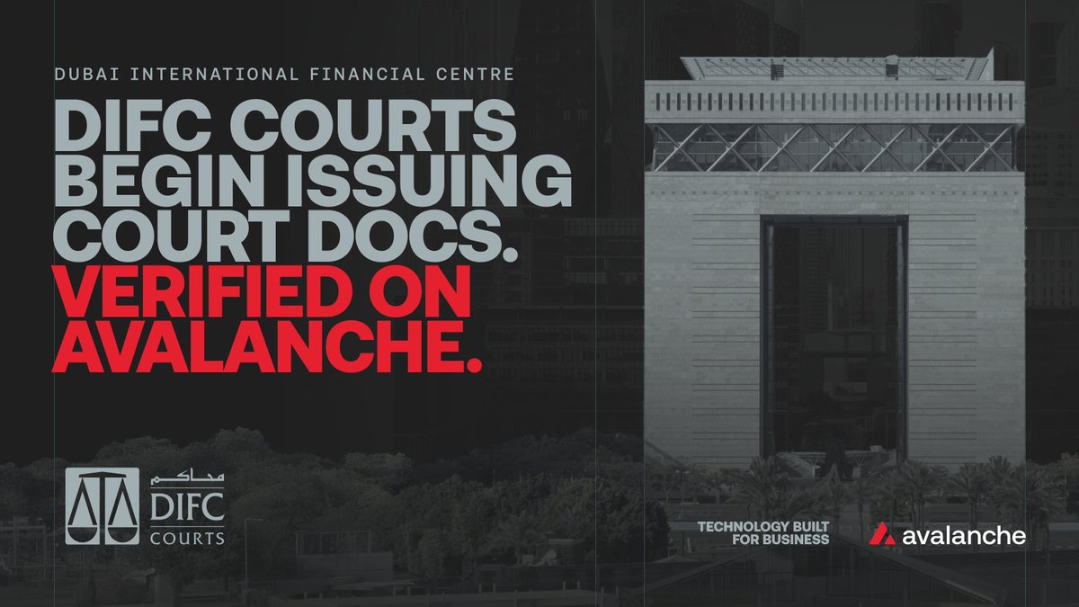 A promotional graphic featuring the Dubai International Financial Centre and DIFC Courts logos, announcing that 'DIFC COURTS BEGIN ISSUING COURT DOCS. VERIFIED ON AVALANCHE.' with the Avalanche logo.