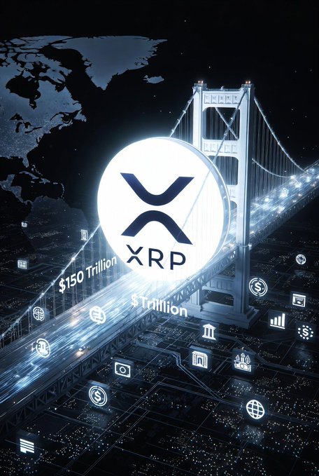 The image features an illustration of a bridge with the word "XRP" written above it, surrounded by various symbols representing different aspects of cryptocurrency. The bridge spans across a cityscape, symbolizing the global reach of digital currency. The text on the image suggests that Ripple is positioning itself as the ultimate global bridge currency due to its ability to facilitate seamless real-time settlements and capture even a small slice through Ripple's infrastructure, driving explosive demand for the token.