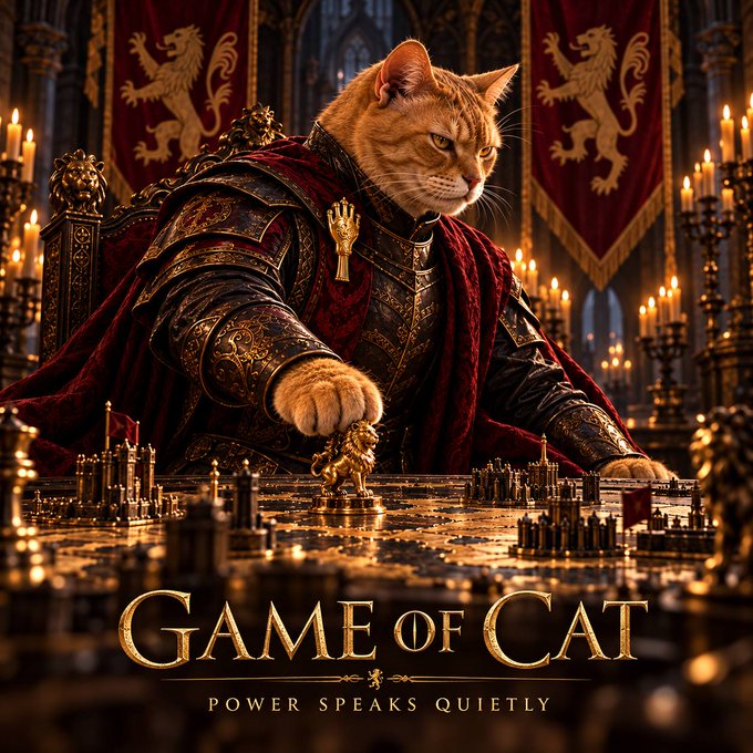 A fantasy-style digital poster titled 'GAME OF CAT - POWER SPEAKS QUIETLY' depicting an orange tabby cat in ornate royal armor seated on a throne, with a paw resting on a golden chess king piece.