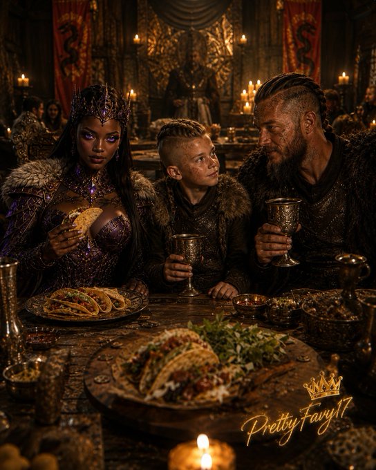 A scene featuring a young boy holding a goblet, seated at a lavish banquet table between a woman in ornate purple attire and a bearded man in fur, with a 'PrettyFairy11' watermark in the bottom right corner.