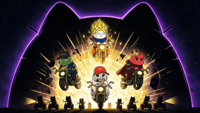A group of anime-style cats with unique accessories—including a cat with golden spiky hair like Goku, one in a McDonald's cap, a frog-cat in a backwards cap, and a red demon-cat wearing a crown—ride motorcycles bursting through a glowing portal as silhouetted cats watch from below. The dynamic "Motocat" scene illustrates the post's call for users to check out their own NFT cat characters on motoswap.org and OpenSea, showcasing the variety of 20,000 collectible designs.