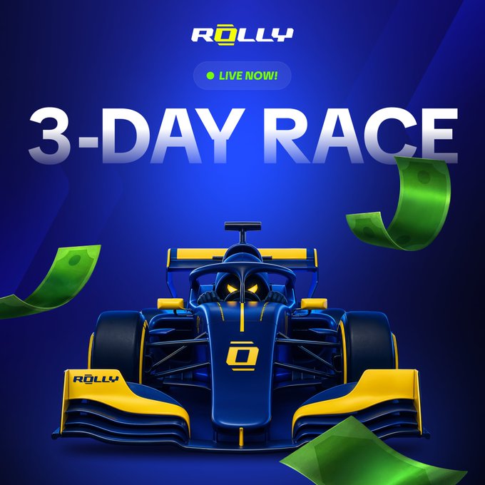 A promotional graphic for ROLLY featuring a 3-DAY RACE marked 'LIVE NOW!' with a blue and yellow racing car and floating green money bills against a blue background.