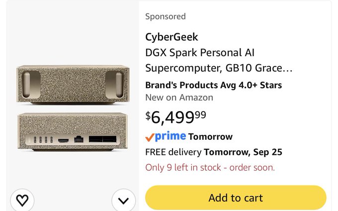 An Amazon sponsored listing for the CyberGeek DGX Spark Personal AI Supercomputer priced at $6,499.99, with only 9 left in stock and Prime delivery available.