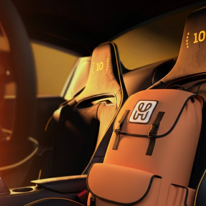 A warm-toned, AI-like image shows two race-style bucket seats inside a sports car, each marked “10,” with an orange backpack strapped prominently in front.