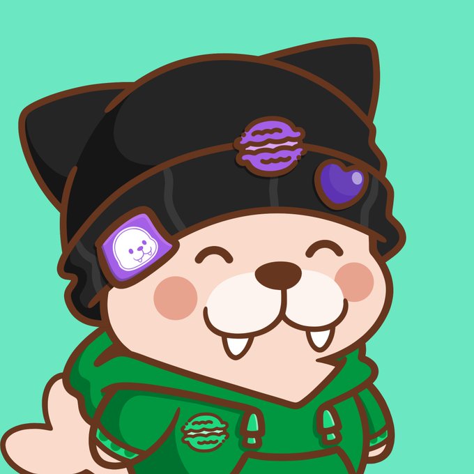 A cartoon illustration of a happy cat character wearing a green hoodie and a black hat with cat ears and decorative patches.