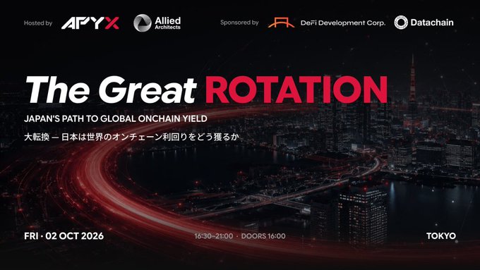 Event poster for "The Great ROTATION — Japan's Path to Global Onchain Yield" (大転換 ― 日本は世界のオンチェーン利回りをどう獲るか), hosted by Apyx and Allied Architects, sponsored by DeFi Development Corp. and Datachain, scheduled for Friday, October 2, 2026, from 16:30–21:00 (doors at 16:00) in Tokyo, featuring a nighttime Tokyo cityscape with light trails and Tokyo Tower in the background, promoting a CoinPost-organized discussion on Japan's pivotal shift toward capturing global onchain yields in its financial and Web3 markets.