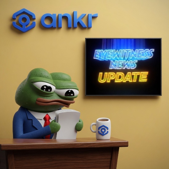 A Pepe the Frog news anchor sits at a desk with papers and a mug, beneath an 'ankr' logo and a screen displaying 'EYEWITNESS NEWS UPDATE'.