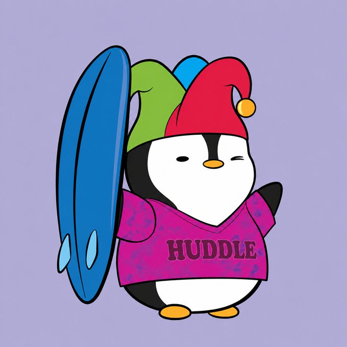 A cartoon illustration of a penguin wearing a red jester hat and a pink shirt that says 'HUDDLE', holding a blue surfboard.