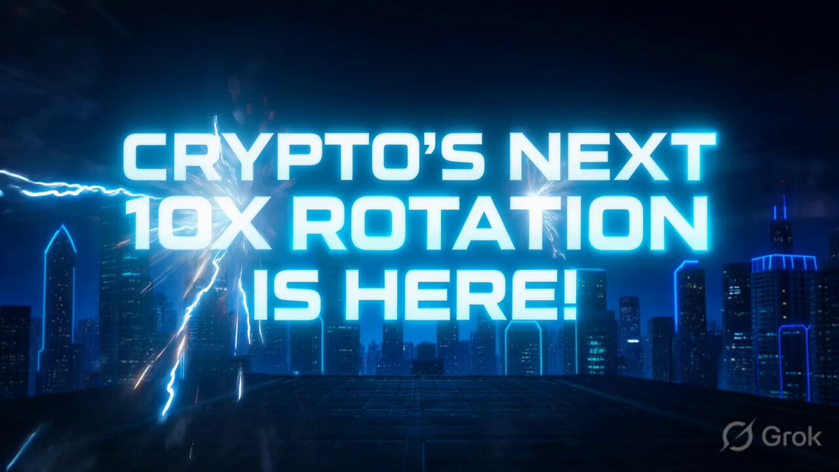 The image features a cityscape with buildings at night, including a neon sign that says "CRYPTO'S NEXT 10X ROTATION IS HERE!" The text appears to be in blue and white colors against the dark background of the city lights.