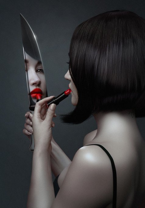 A woman with a sleek dark bob holds up a large knife as a mirror while applying red lipstick, her vivid lip color reflected in the blade. The image evokes resilience and self-reliance, mirroring the caption's message of standing strong despite platforms and marketplaces disappearing.
