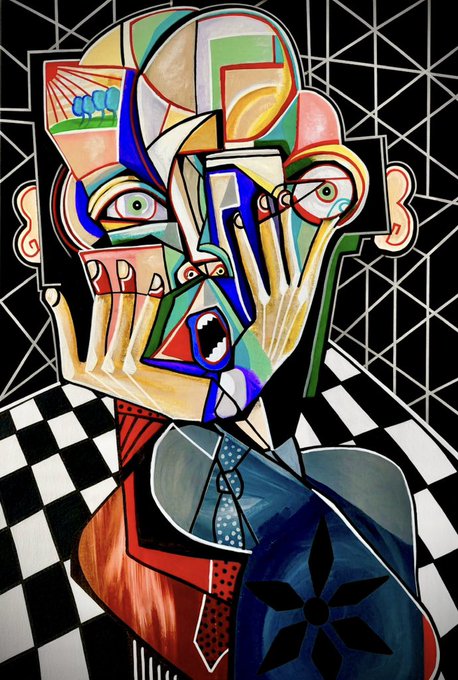 A vibrant cubist painting in the style of Picasso depicts a fragmented figure with multiple eyes, an open mouth, and a hand reaching across its face, set against a geometric black and white background.