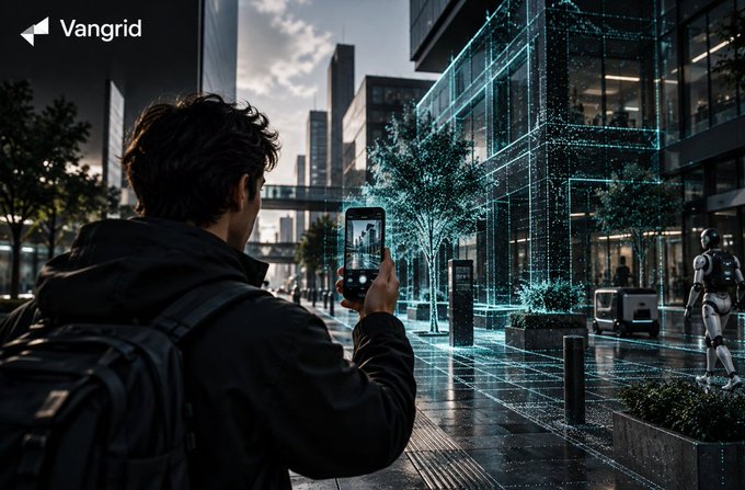 A person uses a smartphone to capture 3D data of an urban environment, with the scene overlaid in a cyan digital wireframe—visualizing how Vangrid transforms everyday phones into a distributed capture network for Physical AI, complete with the "Vangrid" logo in the top left corner.