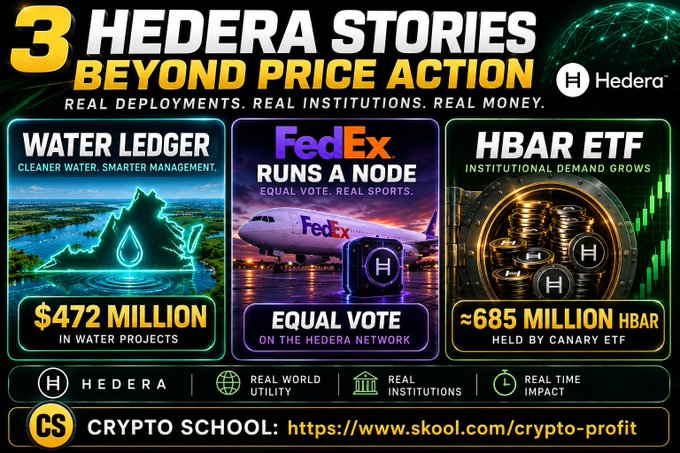A promotional graphic titled '3 HEDERA STORIES BEYOND PRICE ACTION' highlighting Water Ledger ($472 million), FedEx running a node, and the HBAR ETF (~685 million HBAR held by Canary ETF), with a link to skool.com/crypto-profit.