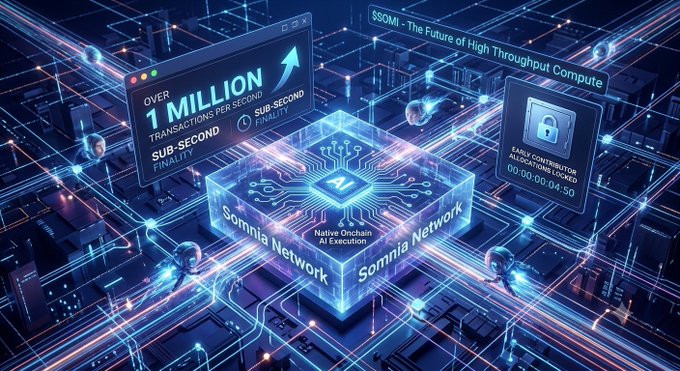 A futuristic 3D-rendered promotional graphic for the Somnia Network, highlighting 'Over 1 Million Transactions Per Second', 'Sub-Second Finality', 'Native Onchain AI Execution', and 'Fully Contributor Allocated Node Locked' by 'The Future of High Throughput Compute'.