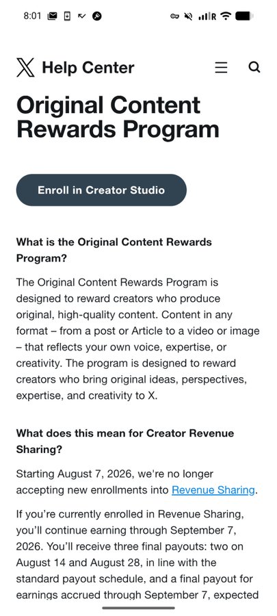 A mobile screenshot of the X Help Center page about the 'Original Content Rewards Program' with an 'Enroll in Creator Studio' button and text explaining the program designed to reward creators who produce original, high-quality content.