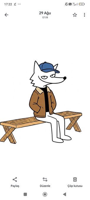 A digital wallpaper dated "29 Agu" showing an anthropomorphic wolf character wearing a blue cap and brown jacket sitting on a wooden bench.