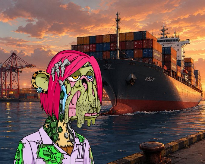 Digital artwork showing a crying zombie-like ape with pink hair (in the style of Bored Ape Yacht Club NFTs) superimposed in front of a large container ship (numbered 3827) at a port during sunset.