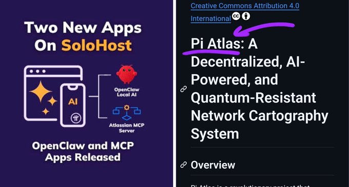 A promotional graphic on the left announces 'Two New Apps On SoloHost' featuring OpenClaw Local AI and Atlassian MCP Server with the caption 'OpenClaw and MCP Apps Released.' On the right is a text excerpt about 'Pi Atlas: A Decentralized, AI-Powered, and Quantum-Resistant Network Cartography System' under a Creative Commons Attribution 4.0 International license.