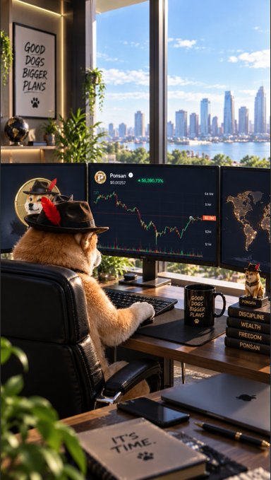 A Shiba Inu dressed in a pirate hat sits at a multi-monitor trading setup analyzing the PONSAI ticker (up 54,586.73%), with a framed "GOOD DOGS BIGGER PLANS" sign on the wall and a city skyline view, tying into the good morning greeting to @_TJRTrades with a playful nod to dog-themed meme trading.