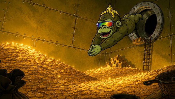 An artistic illustration of a gorilla wearing rainbow sunglasses and a banana on its head, leaping through a porthole above a massive pile of gold coins in what appears to be a vault.