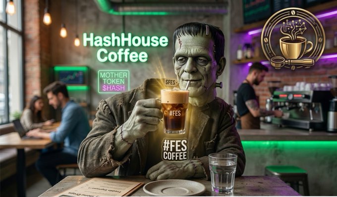 The image features a man dressed as Frankenstein holding a cup of coffee, with the text "# HashHouse #FES #HASH #Solana" written above him. The background shows a bar setting with people sitting at tables enjoying their drinks.