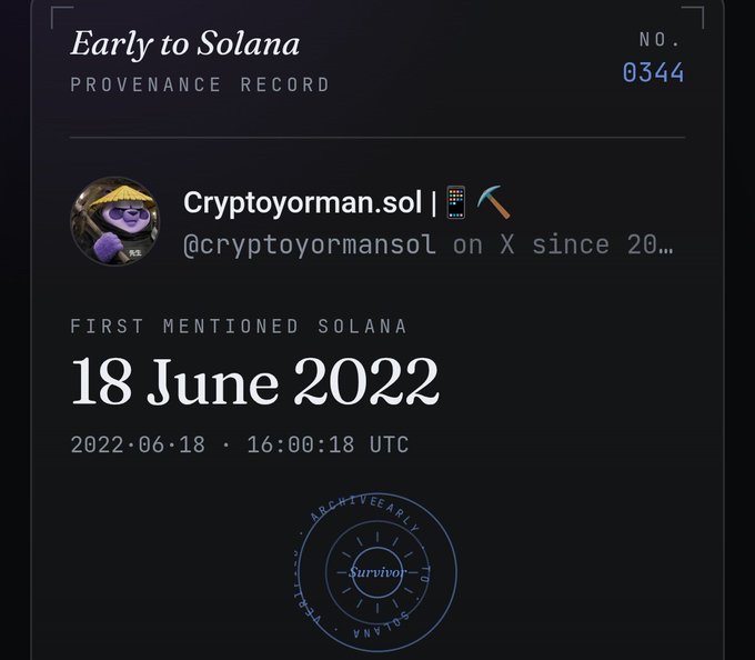 The image shows a post from someone named "Solana" who has just posted about their recent experience with a hammer, saying that they used it to break into Bitcoin. The post also includes a screenshot of a website called "OG @solana Tier Survivor You held the line through the FTX winter". This post is related to the "Early to Solana" record, as it mentions the provenance and date of the post.