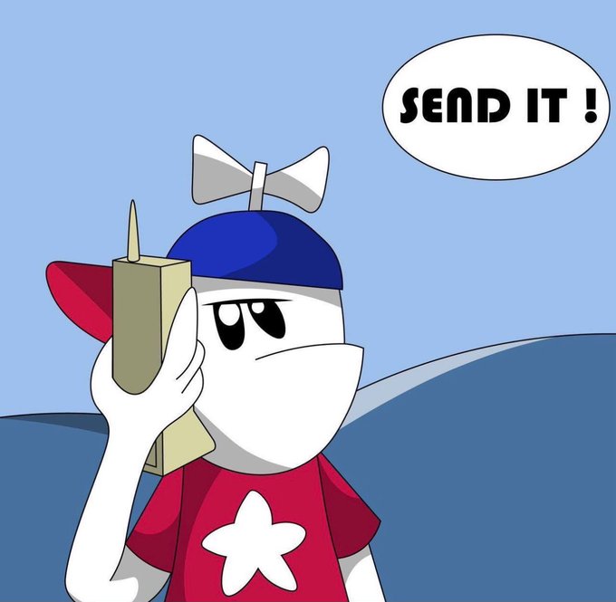 A cartoon white character with a blue propeller hat and red star shirt holding a beige walkie-talkie, with a speech bubble saying 'SEND IT!'.