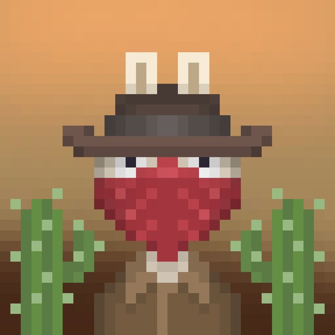 A pixel art illustration of a red radish or beet character wearing a brown cowboy hat, growing in dirt with green shoots and a sunset sky in the background.