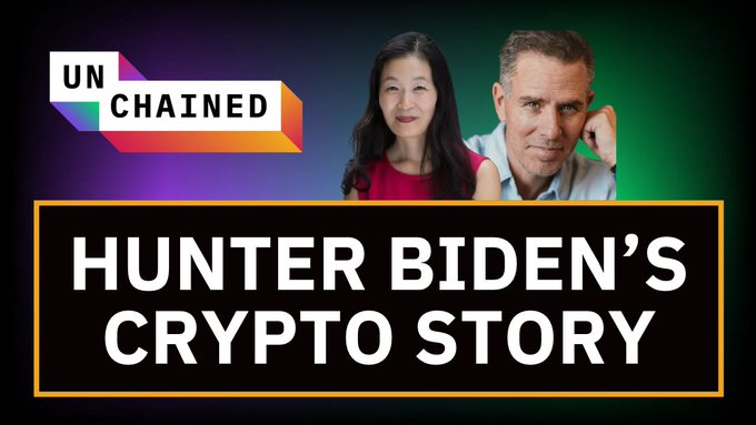 A YouTube thumbnail for 'Unchained' podcast featuring two hosts and the title 'HUNTER BIDEN'S CRYPTO STORY' in large white text on a black background.