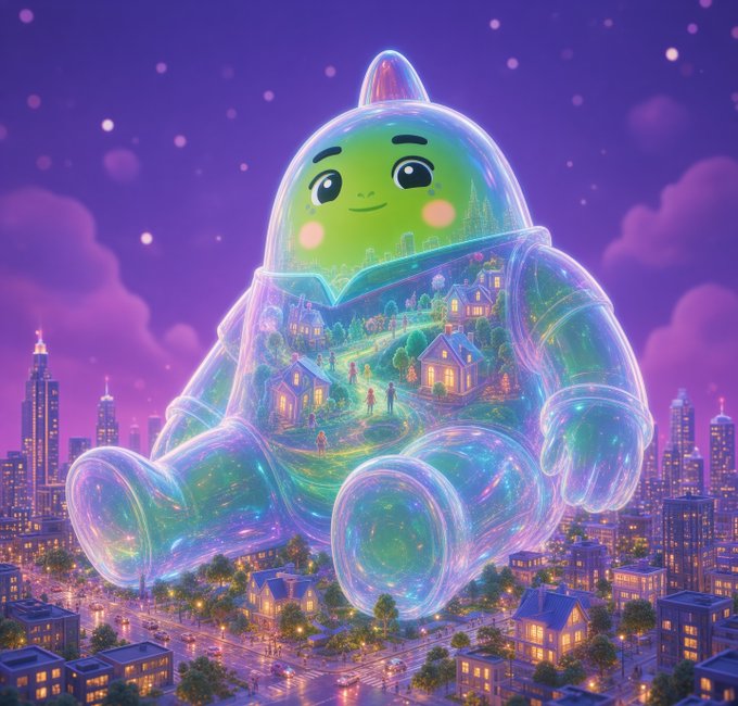 A vibrant digital artwork of a giant transparent jelly-like creature with a green smiling face inside, sitting atop a city at night with a glowing village landscape visible within its body.