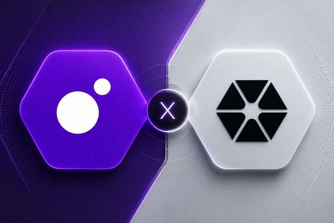 A graphic showing two hexagonal icons - a purple one with a face design and a white one with a geometric symbol - separated by an 'X' mark.