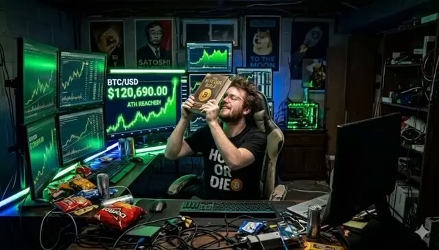 The image shows an adult male sitting at a desk with a computer monitor in front of him. He appears to be deeply focused on his work or possibly contemplating something related to Saylor's bear market anthem about selling a kidney instead of bitcoin. The background features various screens displaying stock market data, which adds to the serious and technical atmosphere of the image.