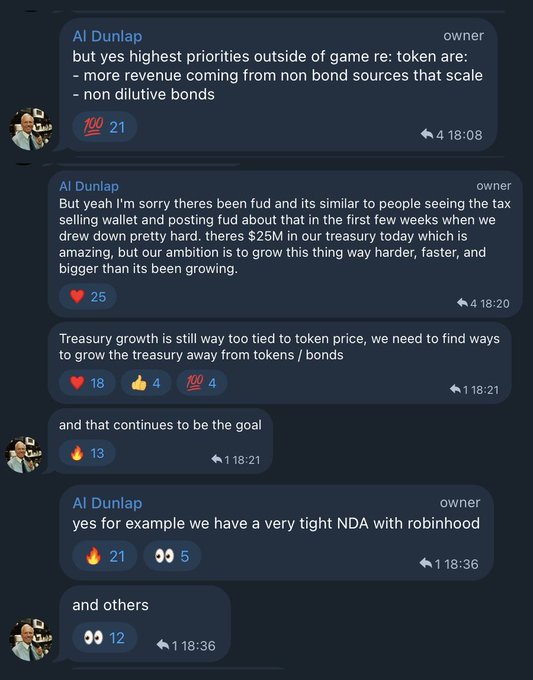 Discord chat screenshots from user 'Al Dunlap' discussing treasury priorities for a crypto project, mentioning $25M in treasury, non-dilutive bonds, and NDAs with partners including Robinhood.