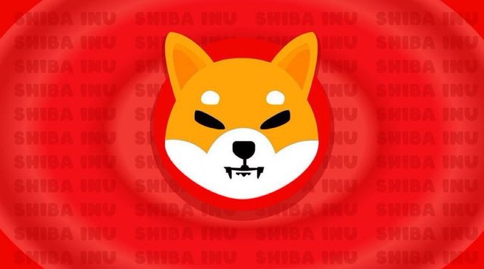 A stylized Shiba Inu dog logo with orange and white fur is centered on a red background with "SHIBA INU" text repeated in a watermark pattern, visually reinforcing the post about buying the dip on the $SHIB cryptocurrency.