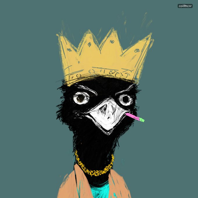 A stylized illustration of a black ostrich head wearing a yellow hand-drawn crown, a gold chain necklace, and smoking a pink and green cigarette, labeled "OSTRICH".
