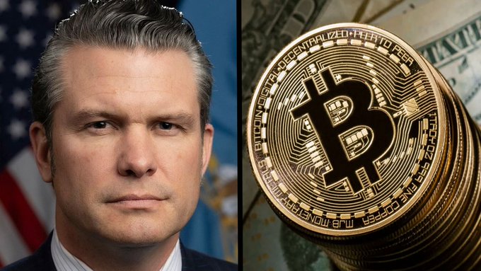 Split image showing a portrait of a man in a suit with American flag backdrop on the left, and a stack of gold Bitcoin coins on dollar bills on the right.