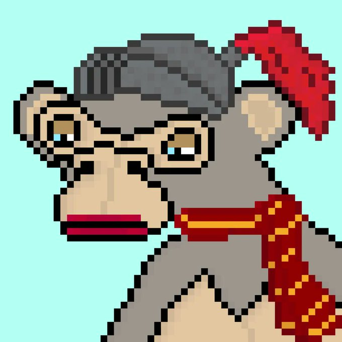 Pixel art illustration of a monkey wearing a gray beanie and red scarf, biting on the scarf's end.