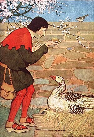 A man in a red cap and tunic reaches toward a white goose resting on straw, beneath a blossoming branch with a small bird perched above—a scene reminiscent of the "killing the goose that lays the golden eggs" fable referenced in the post, illustrating the warning against prematurely exhausting crypto's potential before a true Altseason emerges.