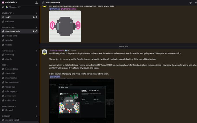 A Discord interface showing an announcement from 'Sirsenor Booster' about receiving GTO NFTs and a subsequent message asking for community members to test a website called 'Sepolia testnet' in exchange for testnet NFTs and ETH.